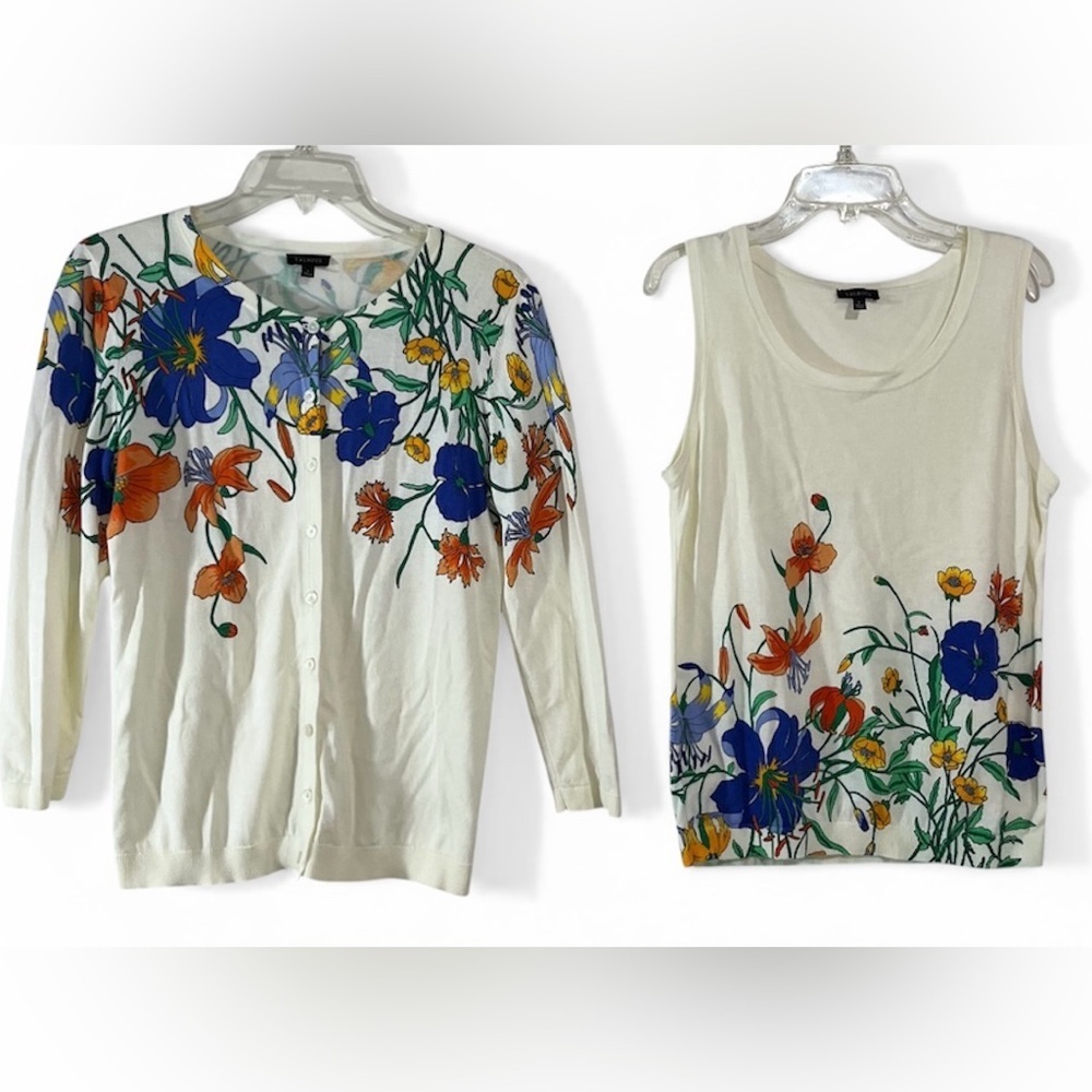Talbots Floral Twin Set Button Cardigan Shell Top Cotton Blend Spring Size Small